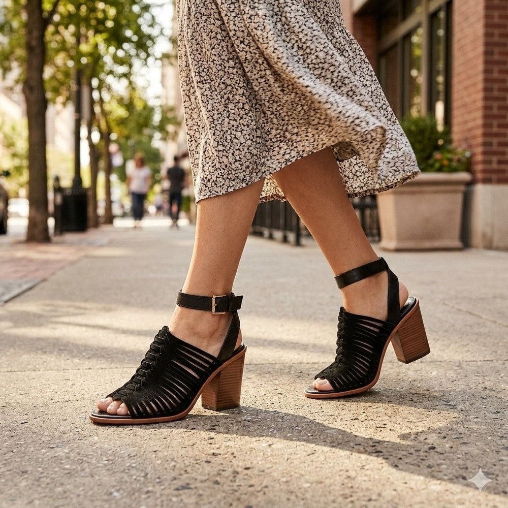 Vince Camuto Frenela Block Heel Sandal Womens 10 Black Suede Caged Boho Strappy